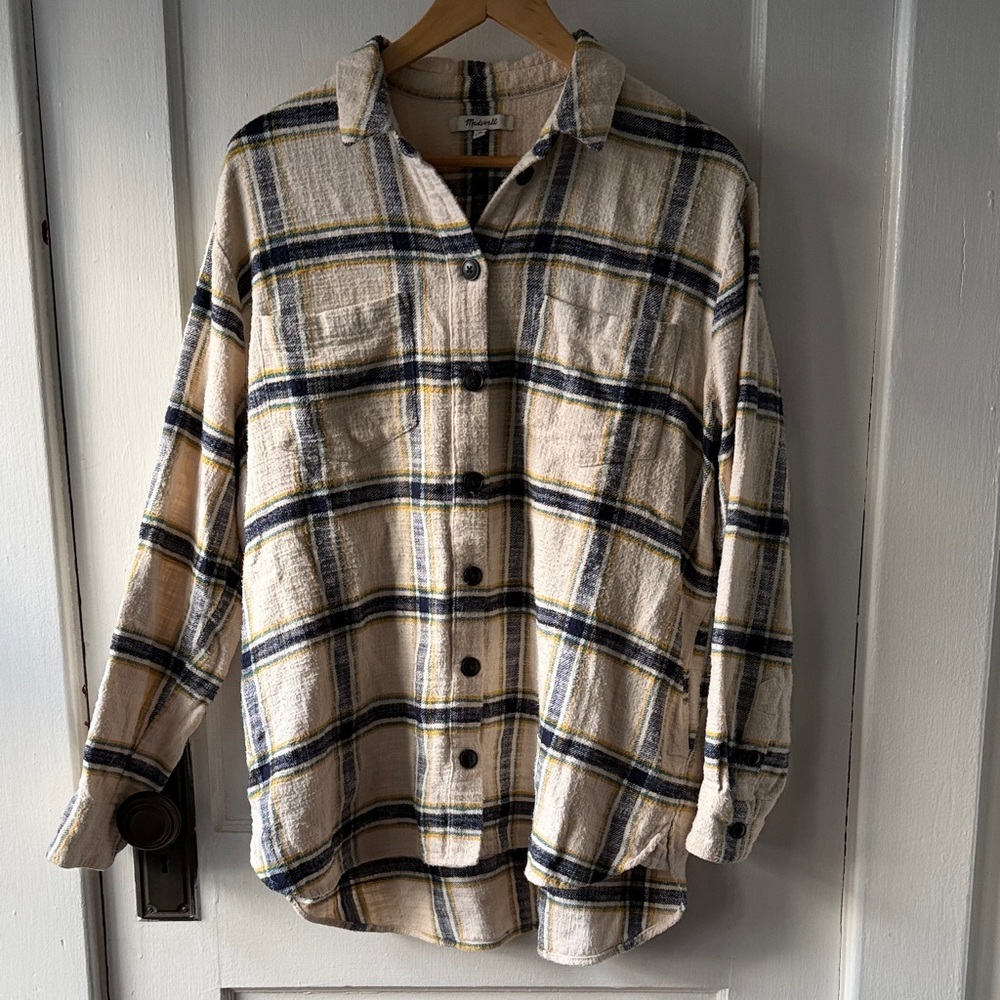 Madewell Plaid Button Down Shirt in Cream and Blue